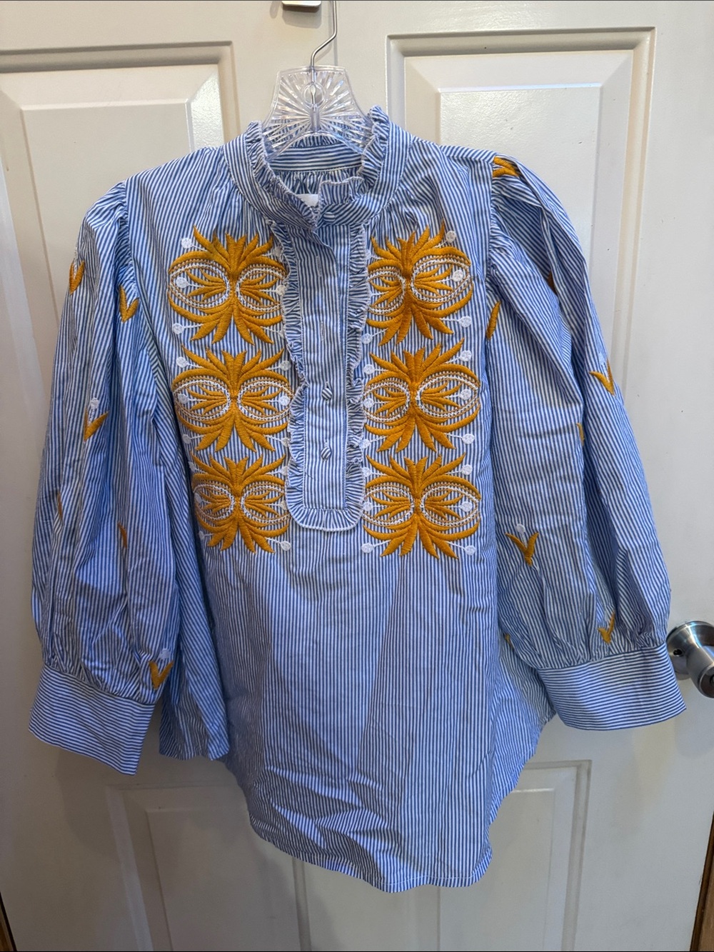 Antik Batik Blue & White Striped Embroidered Tunic with Orange Floral Motif